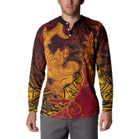 Hawaiian Volcano and Shark Button Sweatshirt Polynesian and Hibiscus Pattern Lava Color LT03 - Polynesian Pride