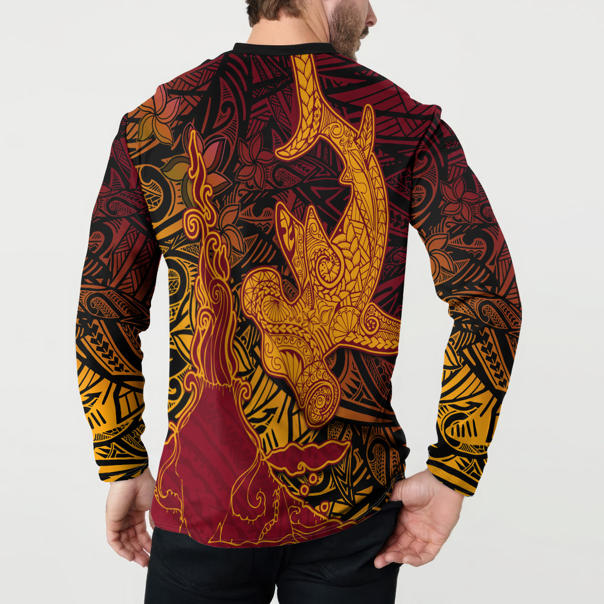 Hawaiian Volcano and Shark Button Sweatshirt Polynesian and Hibiscus Pattern Lava Color LT03 - Polynesian Pride