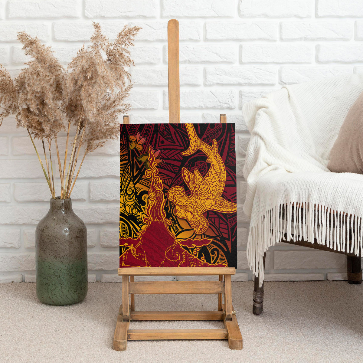 Hawaiian Volcano and Shark Canvas Wall Art Polynesian and Hibiscus Pattern Lava Color