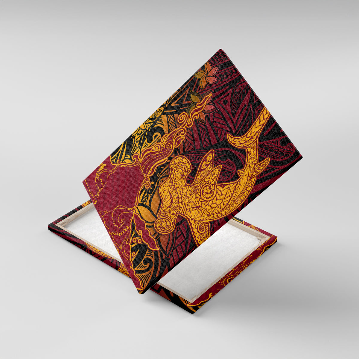 Hawaiian Volcano and Shark Canvas Wall Art Polynesian and Hibiscus Pattern Lava Color