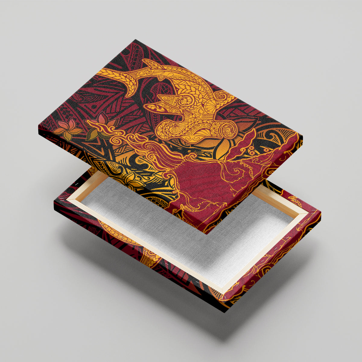 Hawaiian Volcano and Shark Canvas Wall Art Polynesian and Hibiscus Pattern Lava Color