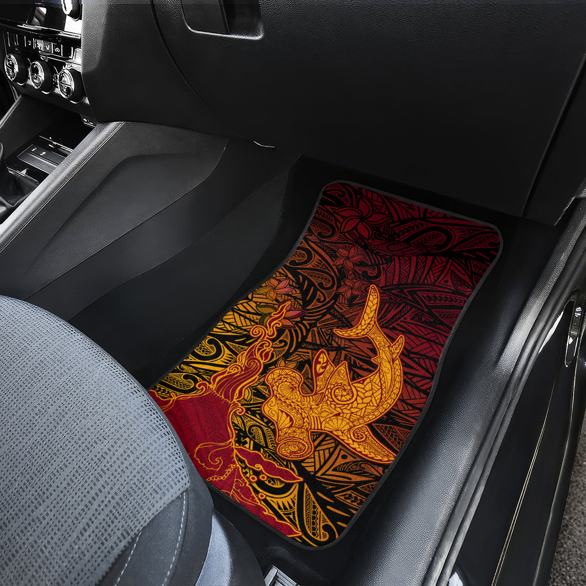 Hawaiian Volcano and Shark Car Mats Polynesian and Hibiscus Pattern Lava Color