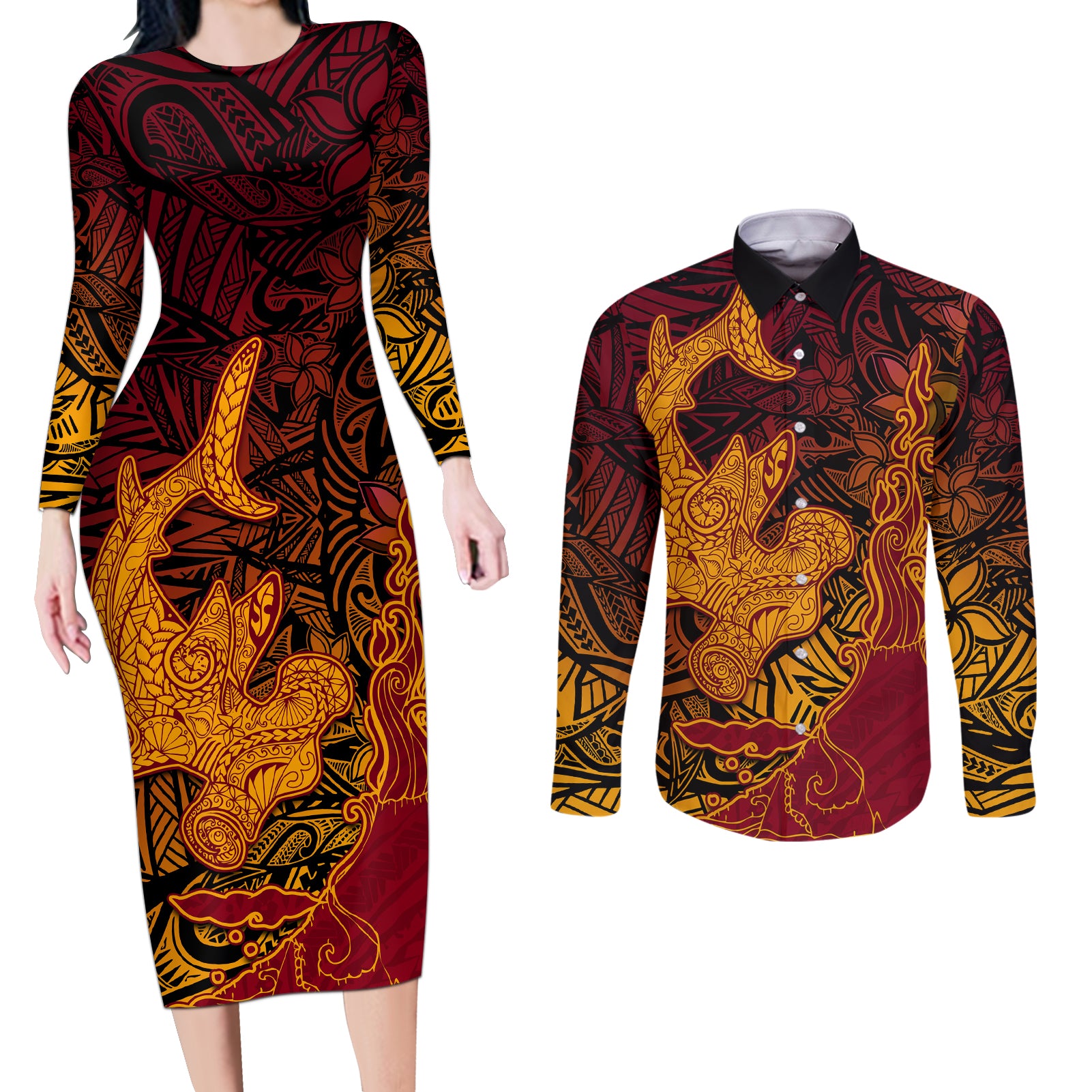 Hawaiian Volcano and Shark Couples Matching Long Sleeve Bodycon Dress and Long Sleeve Button Shirt Polynesian and Hibiscus Pattern Lava Color