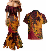 Hawaiian Volcano and Shark Couples Matching Mermaid Dress and Hawaiian Shirt Polynesian and Hibiscus Pattern Lava Color