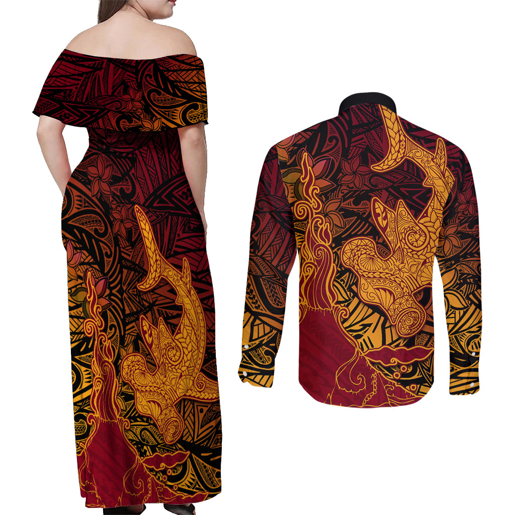 Hawaiian Volcano and Shark Couples Matching Off Shoulder Maxi Dress and Long Sleeve Button Shirt Polynesian and Hibiscus Pattern Lava Color