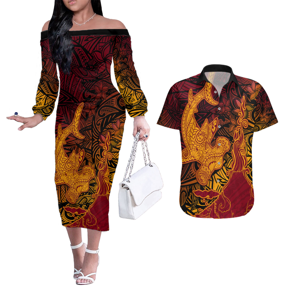 Hawaiian Volcano and Shark Couples Matching Off The Shoulder Long Sleeve Dress and Hawaiian Shirt Polynesian and Hibiscus Pattern Lava Color