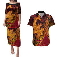 Hawaiian Volcano and Shark Couples Matching Puletasi and Hawaiian Shirt Polynesian and Hibiscus Pattern Lava Color LT03 Red - Polynesian Pride