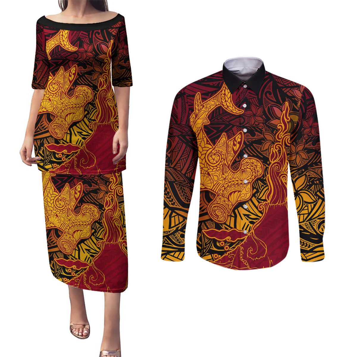 Hawaiian Volcano and Shark Couples Matching Puletasi and Long Sleeve Button Shirt Polynesian and Hibiscus Pattern Lava Color LT03 Red - Polynesian Pride