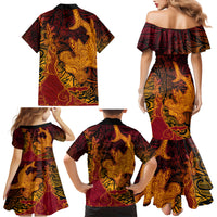 Hawaiian Volcano and Shark Family Matching Mermaid Dress and Hawaiian Shirt Polynesian and Hibiscus Pattern Lava Color