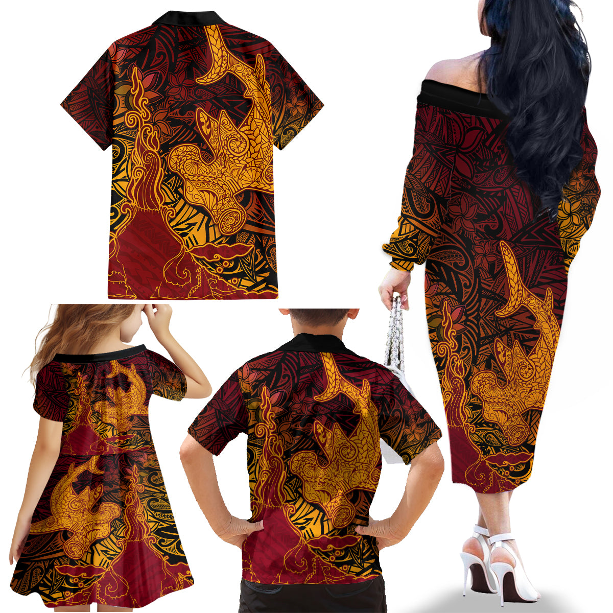 Hawaiian Volcano and Shark Family Matching Off The Shoulder Long Sleeve Dress and Hawaiian Shirt Polynesian and Hibiscus Pattern Lava Color