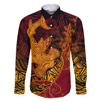 Hawaiian Volcano and Shark Family Matching Off The Shoulder Long Sleeve Dress and Hawaiian Shirt Polynesian and Hibiscus Pattern Lava Color