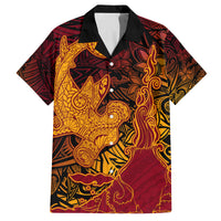 Hawaiian Volcano and Shark Family Matching Puletasi and Hawaiian Shirt Polynesian and Hibiscus Pattern Lava Color LT03 Dad's Shirt - Short Sleeve Red - Polynesian Pride