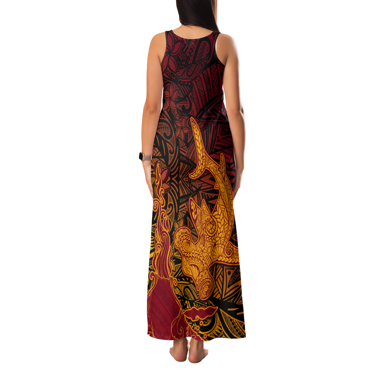 Hawaiian Volcano and Shark Family Matching Tank Maxi Dress and Hawaiian Shirt Polynesian and Hibiscus Pattern Lava Color