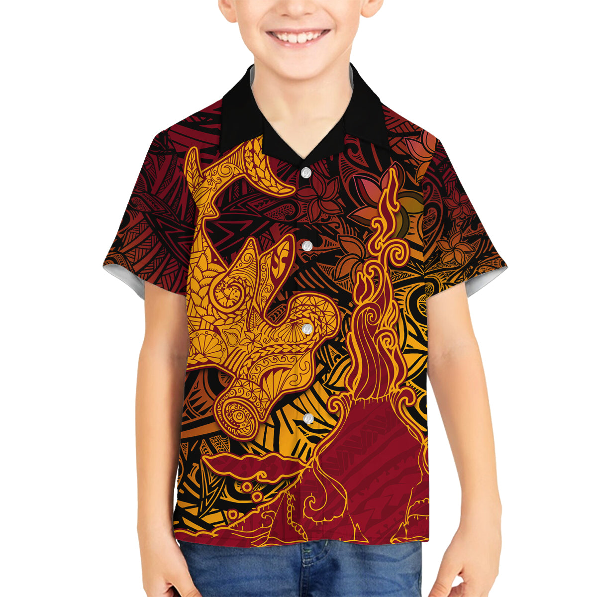 Hawaiian Volcano and Shark Family Matching Tank Maxi Dress and Hawaiian Shirt Polynesian and Hibiscus Pattern Lava Color