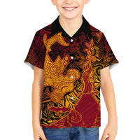 Hawaiian Volcano and Shark Kid Hawaiian Shirt Polynesian and Hibiscus Pattern Lava Color LT03 Kid Red - Polynesian Pride