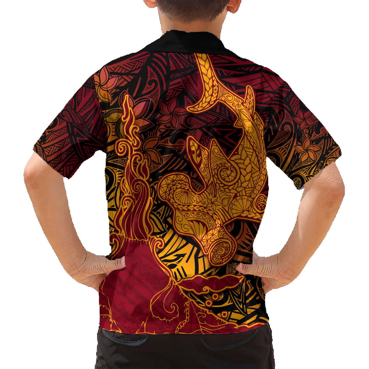 Hawaiian Volcano and Shark Kid Hawaiian Shirt Polynesian and Hibiscus Pattern Lava Color LT03 - Polynesian Pride