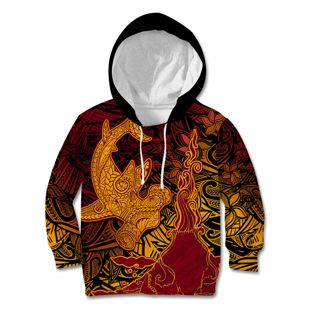 Hawaiian Volcano and Shark Kid Hoodie Polynesian and Hibiscus Pattern Lava Color