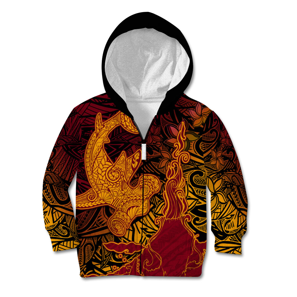 Hawaiian Volcano and Shark Kid Hoodie Polynesian and Hibiscus Pattern Lava Color