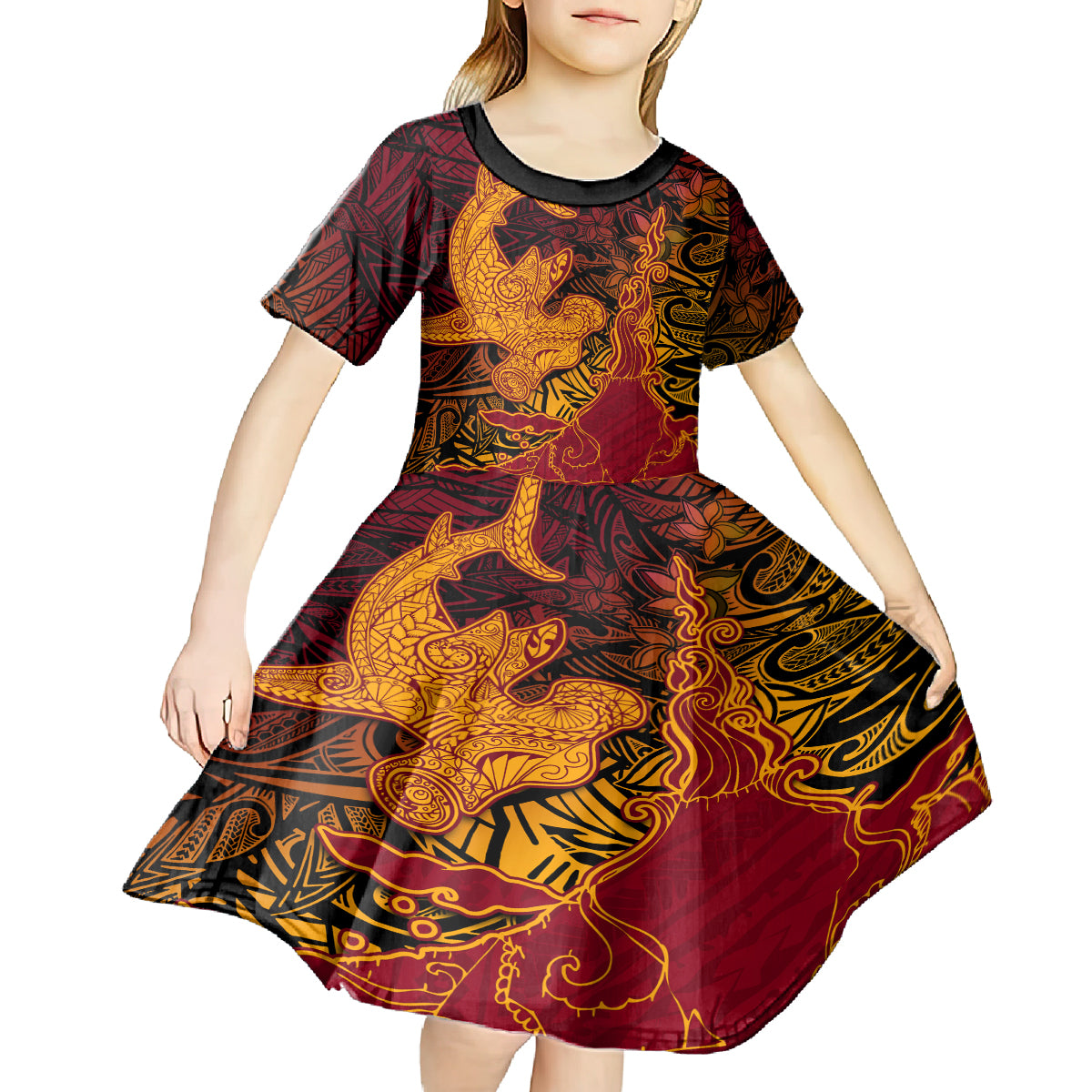 Hawaiian Volcano and Shark Kid Short Sleeve Dress Polynesian and Hibiscus Pattern Lava Color