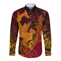 Hawaiian Volcano and Shark Long Sleeve Button Shirt Polynesian and Hibiscus Pattern Lava Color