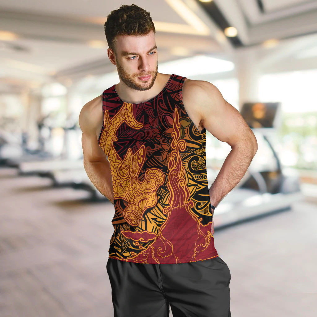 Hawaiian Volcano and Shark Men Tank Top Polynesian and Hibiscus Pattern Lava Color