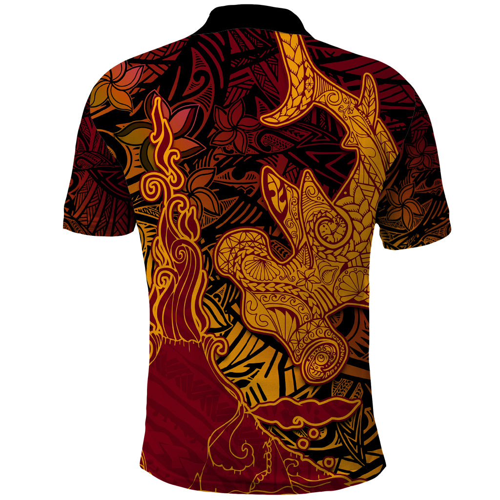 Hawaiian Volcano and Shark Polo Shirt Polynesian and Hibiscus Pattern Lava Color