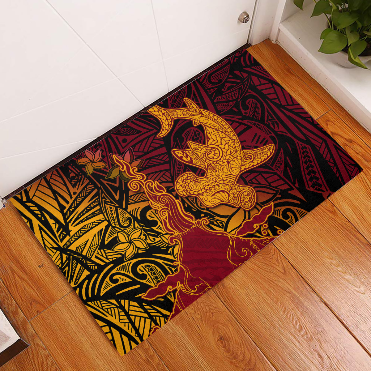 Hawaiian Volcano and Shark Rubber Doormat Polynesian and Hibiscus Pattern Lava Color LT03 Red - Polynesian Pride