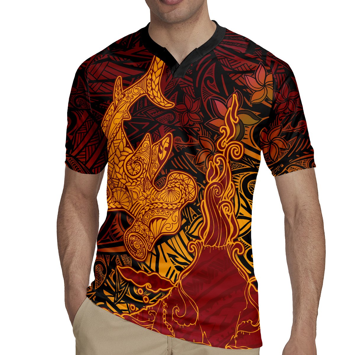 Hawaiian Volcano and Shark Rugby Jersey Polynesian and Hibiscus Pattern Lava Color LT03 - Polynesian Pride