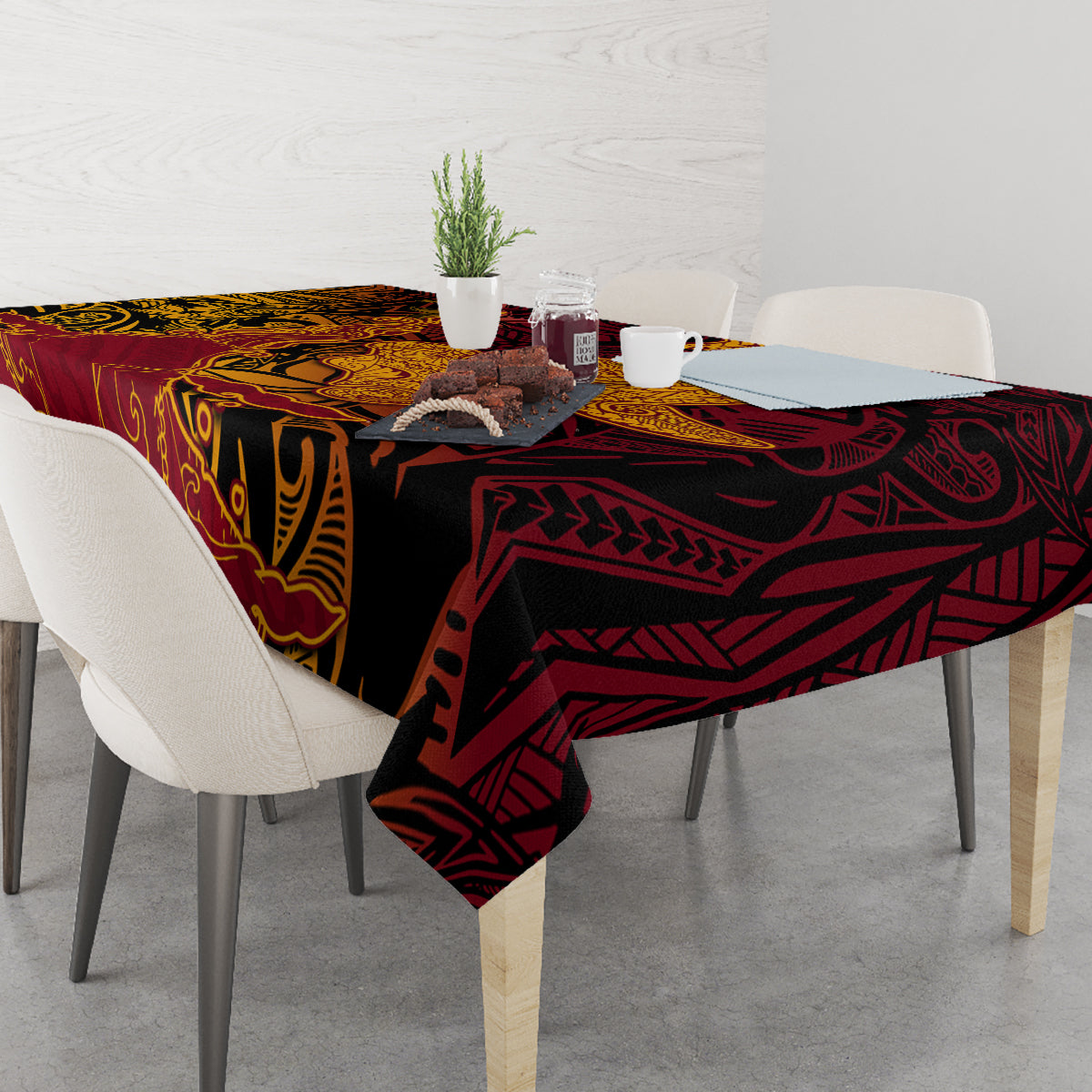 Hawaiian Volcano and Shark Tablecloth Polynesian and Hibiscus Pattern Lava Color
