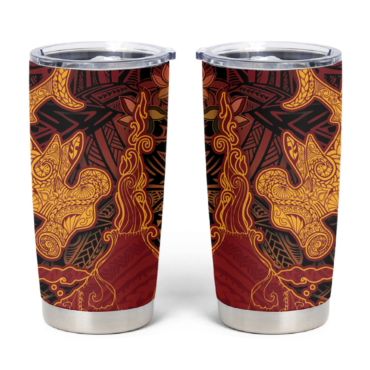 Hawaiian Volcano and Shark Tumbler Cup Polynesian and Hibiscus Pattern Lava Color