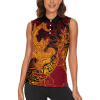 Hawaiian Volcano and Shark Women Sleeveless Polo Shirt Polynesian and Hibiscus Pattern Lava Color LT03 - Polynesian Pride