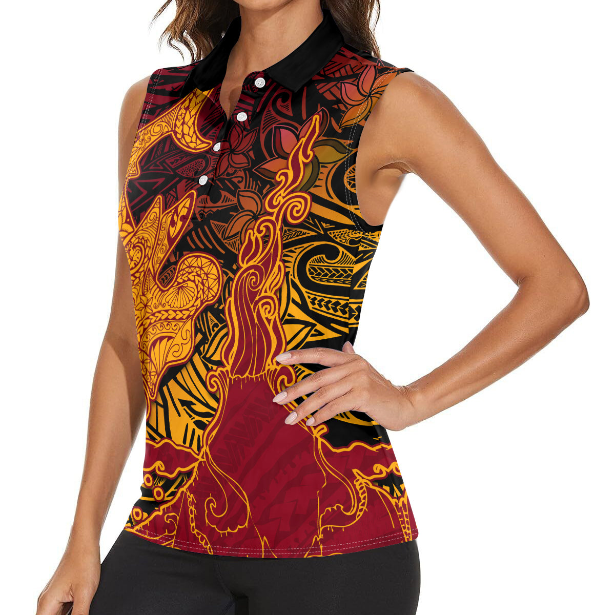 Hawaiian Volcano and Shark Women Sleeveless Polo Shirt Polynesian and Hibiscus Pattern Lava Color LT03 - Polynesian Pride