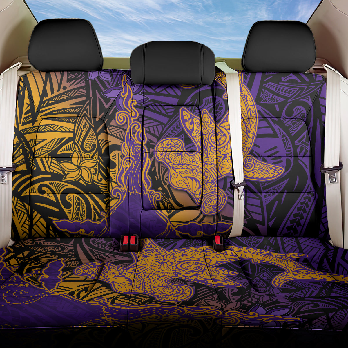 Hawaiian Volcano and Shark Back Car Seat Cover Polynesian and Hibiscus Pattern Purple Yellow Gradient