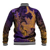 Hawaiian Volcano and Shark Baseball Jacket Polynesian and Hibiscus Pattern Purple Yellow Gradient LT03 - Polynesian Pride