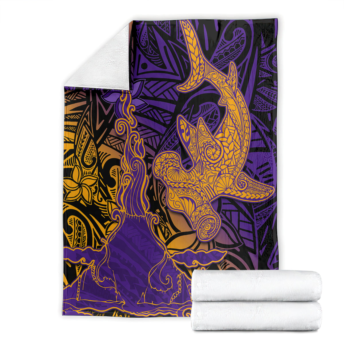 Hawaiian Volcano and Shark Blanket Polynesian and Hibiscus Pattern Purple Yellow Gradient LT03 - Polynesian Pride