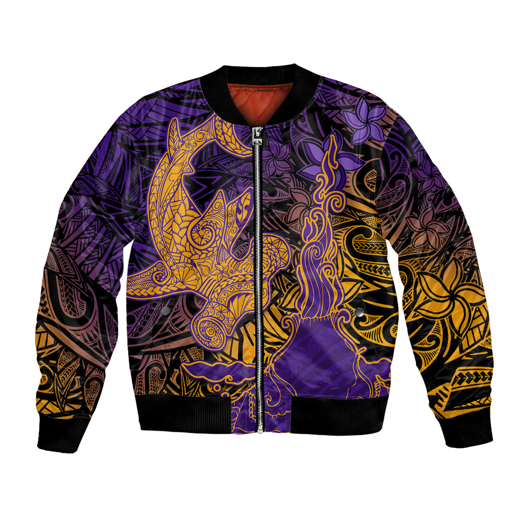 Hawaiian Volcano and Shark Bomber Jacket Polynesian and Hibiscus Pattern Purple Yellow Gradient