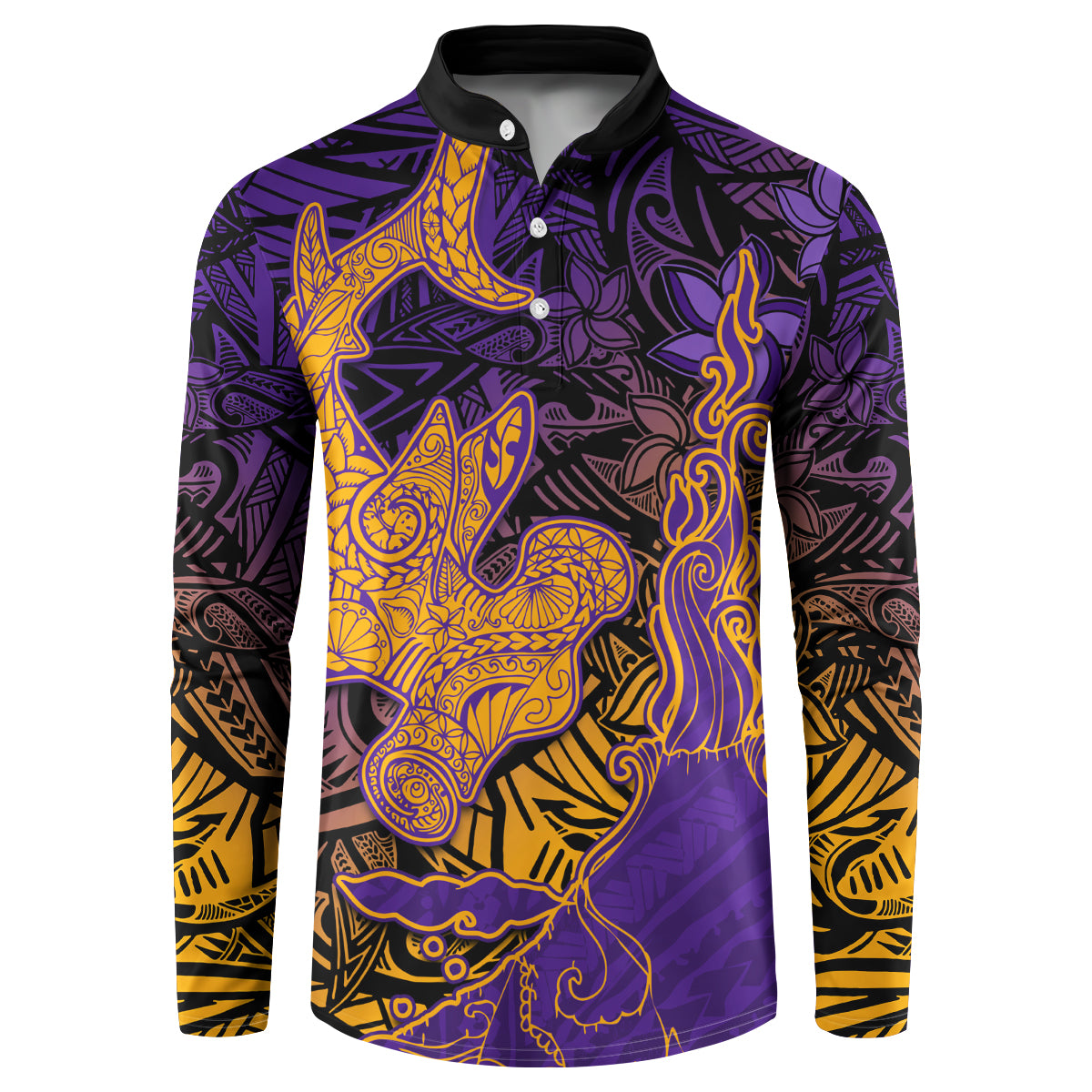 Hawaiian Volcano and Shark Button Sweatshirt Polynesian and Hibiscus Pattern Purple Yellow Gradient LT03 Purple - Polynesian Pride