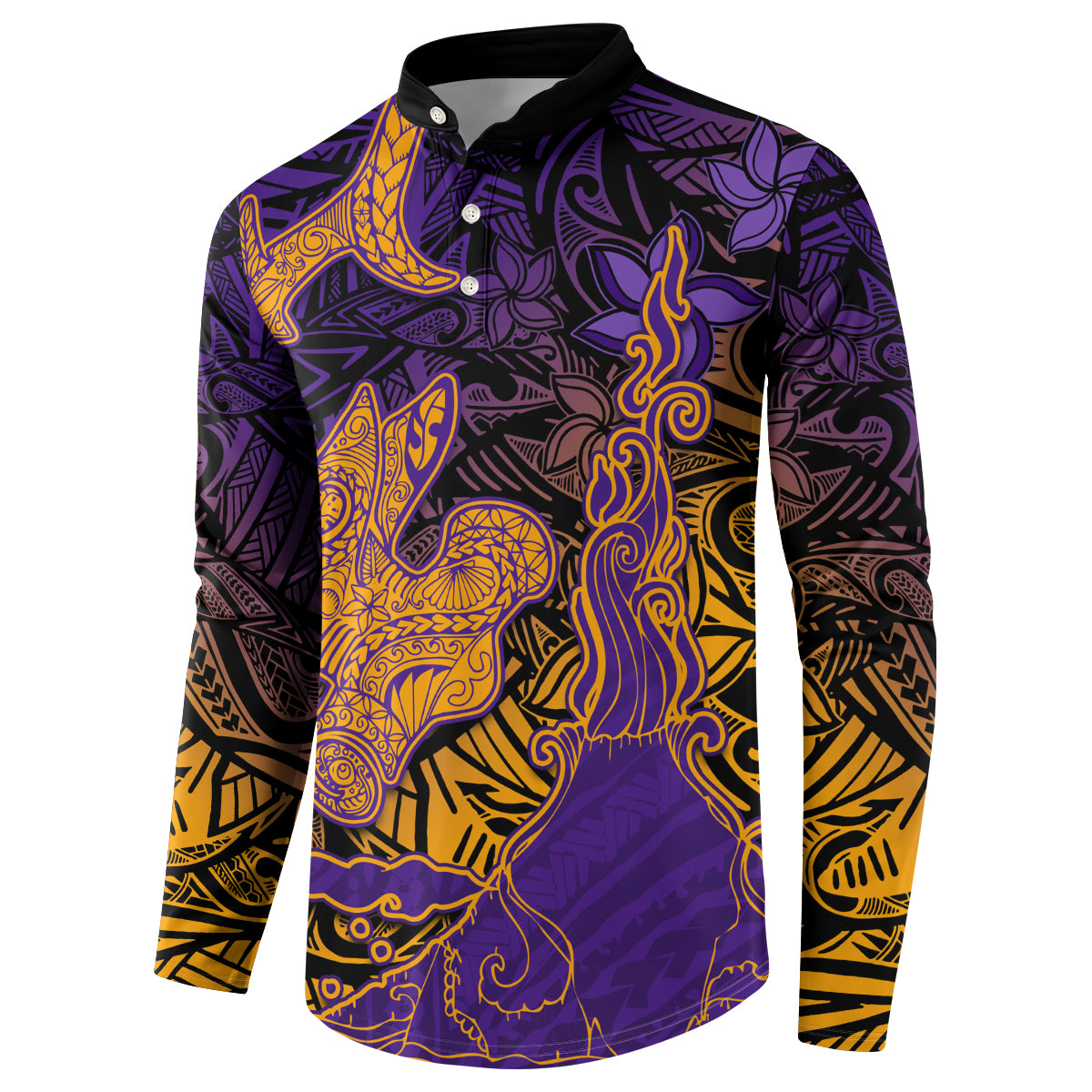 Hawaiian Volcano and Shark Button Sweatshirt Polynesian and Hibiscus Pattern Purple Yellow Gradient LT03 - Polynesian Pride