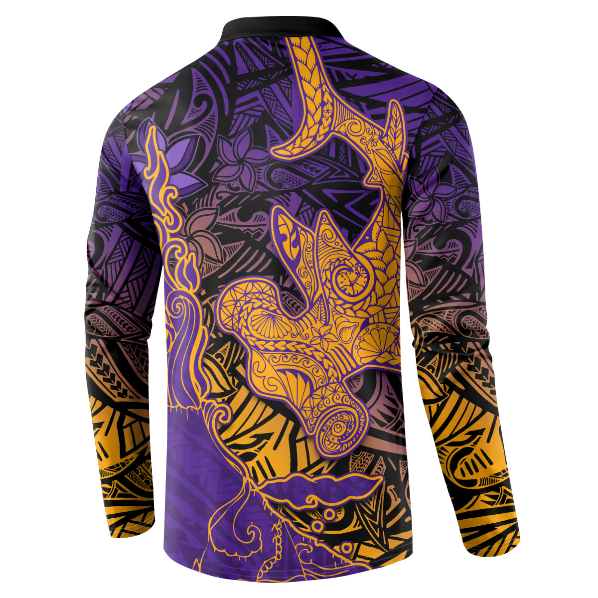 Hawaiian Volcano and Shark Button Sweatshirt Polynesian and Hibiscus Pattern Purple Yellow Gradient LT03 - Polynesian Pride