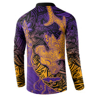 Hawaiian Volcano and Shark Button Sweatshirt Polynesian and Hibiscus Pattern Purple Yellow Gradient LT03 - Polynesian Pride