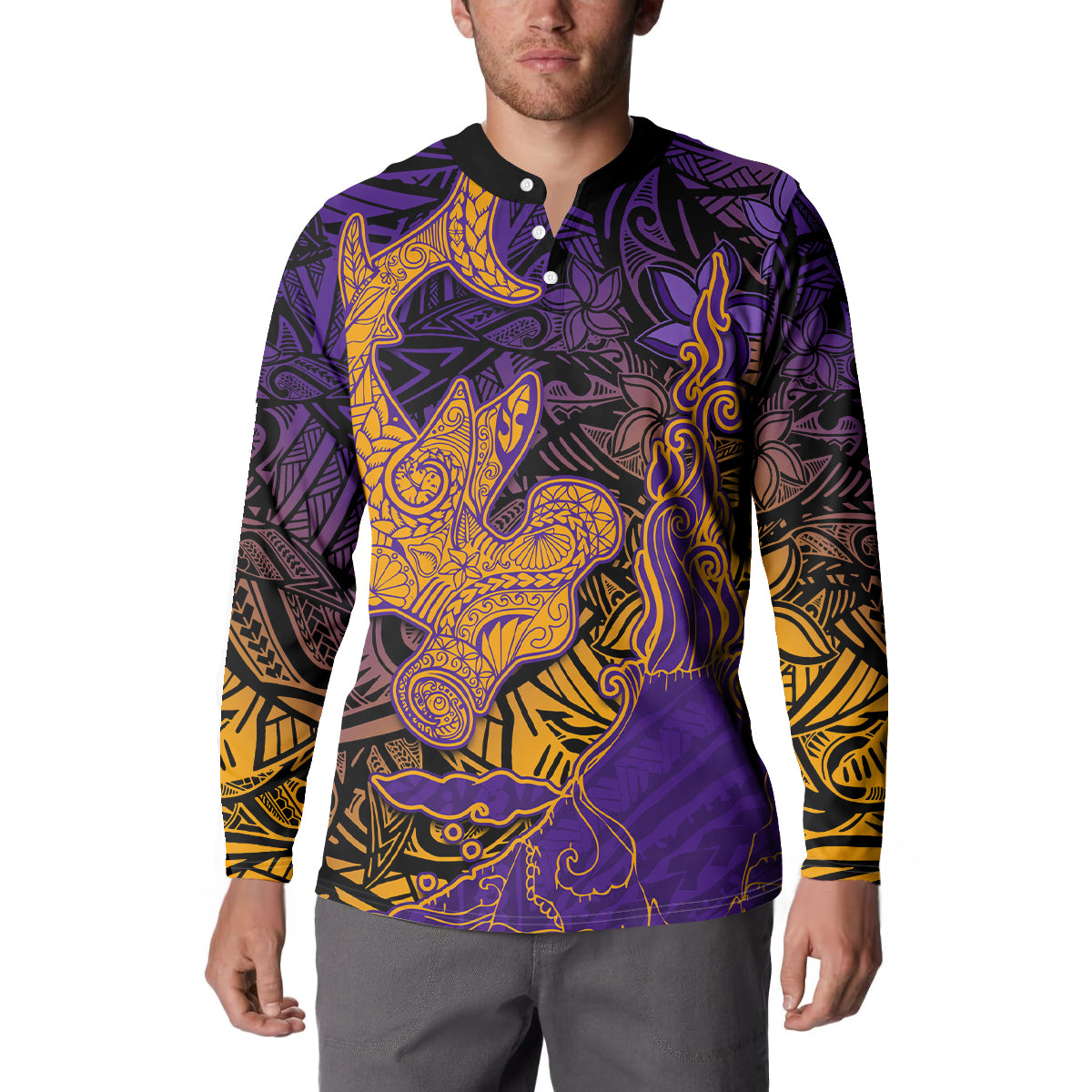 Hawaiian Volcano and Shark Button Sweatshirt Polynesian and Hibiscus Pattern Purple Yellow Gradient LT03 - Polynesian Pride