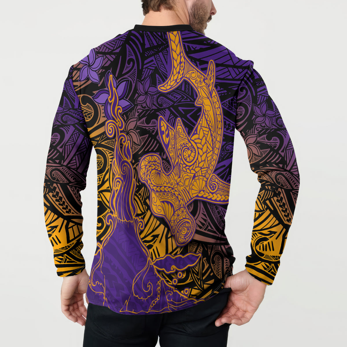 Hawaiian Volcano and Shark Button Sweatshirt Polynesian and Hibiscus Pattern Purple Yellow Gradient LT03 - Polynesian Pride