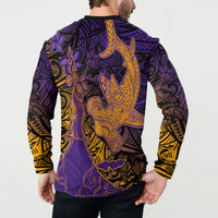 Hawaiian Volcano and Shark Button Sweatshirt Polynesian and Hibiscus Pattern Purple Yellow Gradient LT03 - Polynesian Pride