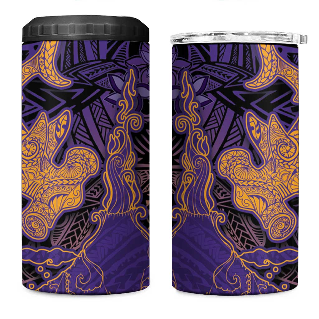 Hawaiian Volcano and Shark 4 in 1 Can Cooler Tumbler Polynesian and Hibiscus Pattern Purple Yellow Gradient