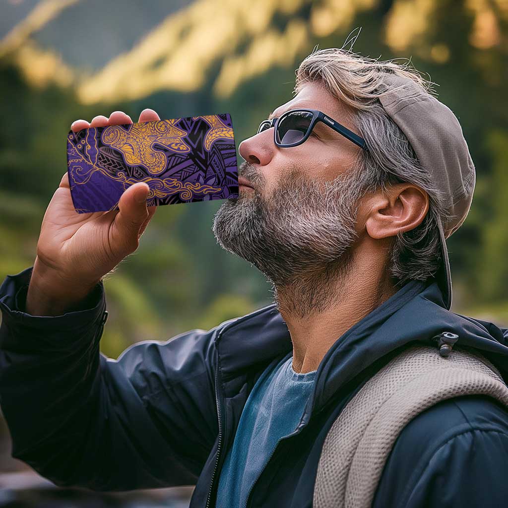 Hawaiian Volcano and Shark 4 in 1 Can Cooler Tumbler Polynesian and Hibiscus Pattern Purple Yellow Gradient