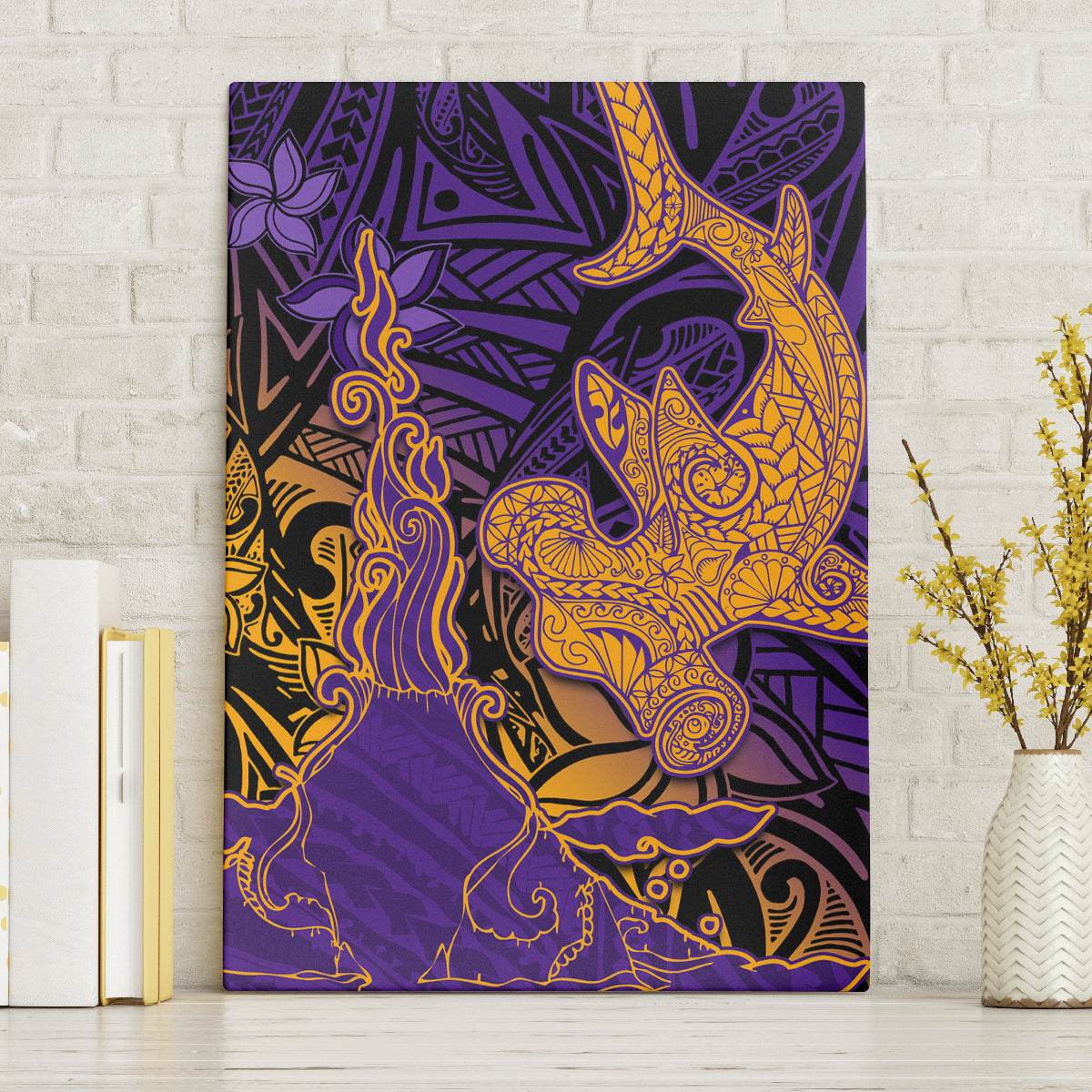 Hawaiian Volcano and Shark Canvas Wall Art Polynesian and Hibiscus Pattern Purple Yellow Gradient LT03 Without Frame Purple - Polynesian Pride