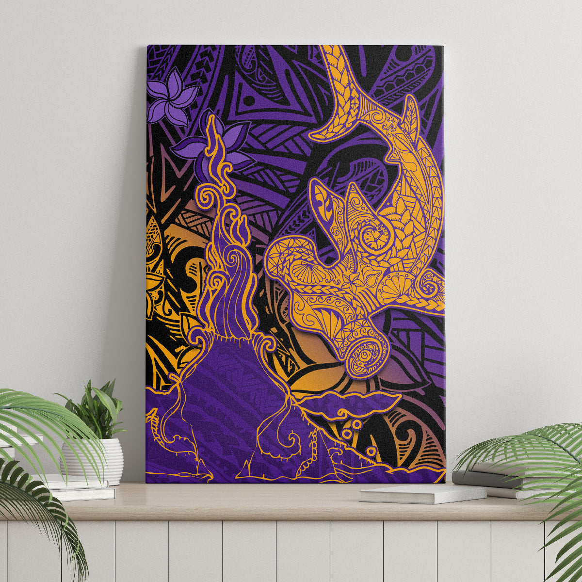 Hawaiian Volcano and Shark Canvas Wall Art Polynesian and Hibiscus Pattern Purple Yellow Gradient LT03 - Polynesian Pride