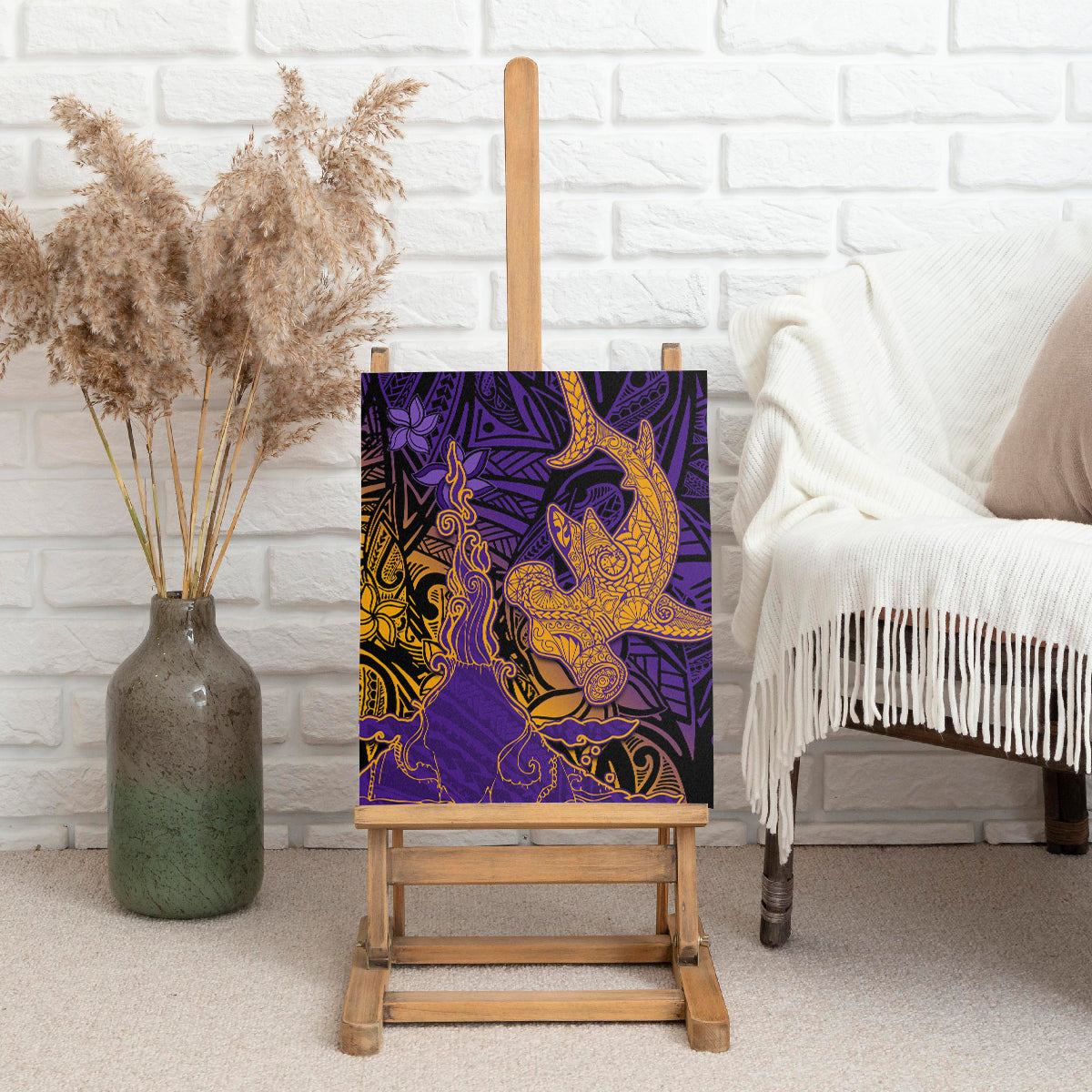 Hawaiian Volcano and Shark Canvas Wall Art Polynesian and Hibiscus Pattern Purple Yellow Gradient LT03 - Polynesian Pride