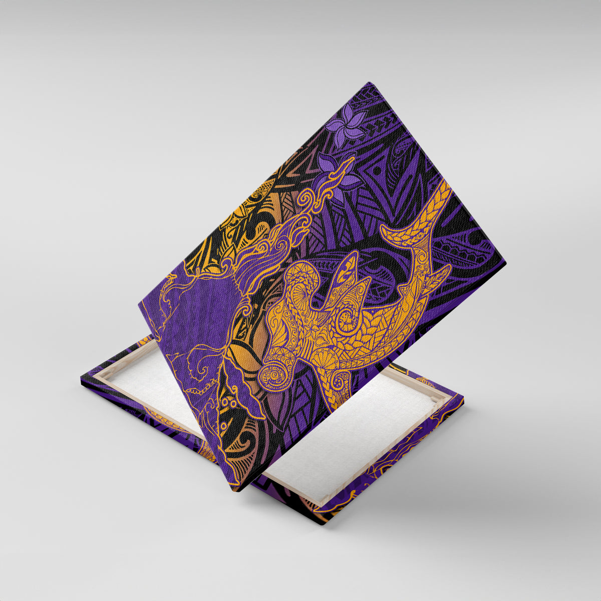 Hawaiian Volcano and Shark Canvas Wall Art Polynesian and Hibiscus Pattern Purple Yellow Gradient LT03 With Frame Purple - Polynesian Pride