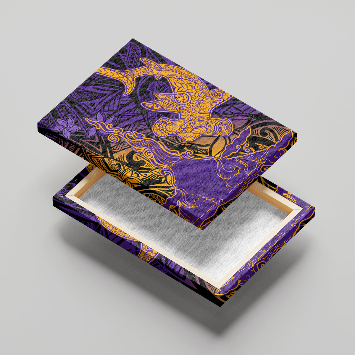 Hawaiian Volcano and Shark Canvas Wall Art Polynesian and Hibiscus Pattern Purple Yellow Gradient LT03 - Polynesian Pride